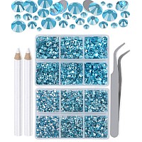 Lpbeads 6000 Pieces Lake Blue Non Hotfix Rhinestones 6 Sizes Round Crystal Glass Flat Back Rhinestones With Tweezers And Picking