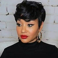 MOONSHOW Short Curly Wigs for Black Women Pixie Cut Wig Black Short Pixie Wigs for Black Women Pixie Cut Curly Wig with Bangs Black Pixie Wigs for Women Synthetic Pixie Wigs for Black Women