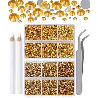 Lpbeads 6000 Pieces Topaz Non Hotfix Rhinestones 6 Sizes Round Crystal Glass Flat Back Rhinestones With Tweezers And Picking Pen