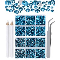 LPBeads 6000 Pieces Peacock Blue Zircon Non Hotfix Rhinestones 6 Sizes Round Crystal Glass Flat Back Rhinestones with Tweezers and Picking Pen for Nail Art Crafts Clothes Bags DIY