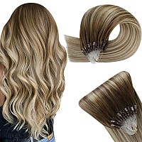 Easyouth Micro Bead Extensions Human Hair Blonde Micro Beads Hair Extensions Balayage Dark Brown To Ash Brown With Medium Blonde