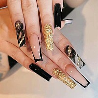 Yosomk French Tip Press On Nails Long With Designs Black And Gold False Fake Nails Press On Coffin Artificial Nails For Women St