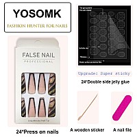 Yosomk French Tip Press On Nails Long With Designs Black And Gold False Fake Nails Press On Coffin Artificial Nails For Women St