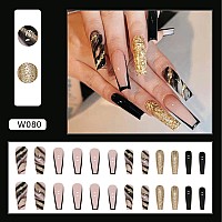 Yosomk French Tip Press On Nails Long With Designs Black And Gold False Fake Nails Press On Coffin Artificial Nails For Women St