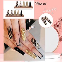 Yosomk French Tip Press On Nails Long With Designs Black And Gold False Fake Nails Press On Coffin Artificial Nails For Women St