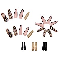 Yosomk French Tip Press On Nails Long With Designs Black And Gold False Fake Nails Press On Coffin Artificial Nails For Women St