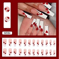 Yosomk French Tip Press On Nails Long With Heart Designs False Fake Nails Press On Coffin Artificial Nails For Women Stick On Na