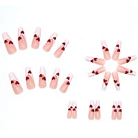 Yosomk French Tip Press On Nails Long With Heart Designs False Fake Nails Press On Coffin Artificial Nails For Women Stick On Na