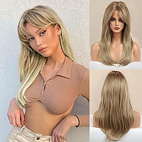 Honygebia Dark Blonde Wig with Bangs - Long Straight Wavy Blond Wigs for White Women, Ombre Blonde Synthetic Heat Resistant Hair, Natural Cute Wigs for Thanksgiving/Christmas/Cosplay/Party