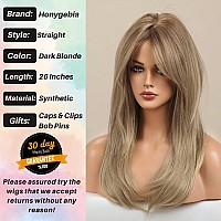 Honygebia Dark Blonde Wig with Bangs - Long Straight Wavy Blond Wigs for White Women, Ombre Blonde Synthetic Heat Resistant Hair, Natural Cute Wigs for Thanksgiving/Christmas/Cosplay/Party