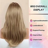 Honygebia Dark Blonde Wig with Bangs - Long Straight Wavy Blond Wigs for White Women, Ombre Blonde Synthetic Heat Resistant Hair, Natural Cute Wigs for Thanksgiving/Christmas/Cosplay/Party