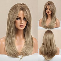 Honygebia Dark Blonde Wig with Bangs - Long Straight Wavy Blond Wigs for White Women, Ombre Blonde Synthetic Heat Resistant Hair, Natural Cute Wigs for Thanksgiving/Christmas/Cosplay/Party