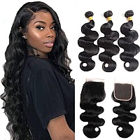 Body Wave 3 Bundles With Closure 100 Unprocessed Brazilian Body Wave Human Hair Weave With 4X4 Free Part Lace Closure Natural C