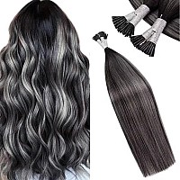 LaaVoo Itip Human Hair Extensions Natural Black Mix Silver Grey Balayage Ombre Hair Extensions Itip Remy Human Hair 14 inch 40g/50stands