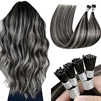 Laavoo Itip Human Hair Extensions Balayage Natural Black Mix Silver Grey I Tips Hair Extensions Real Human Hair Black I Tip Hair