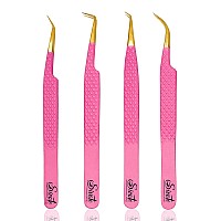 Sivote Fiber Tip Volume Lash Tweezers For Eyelash Extensions With Diamond Grip Set Of 4 Pink