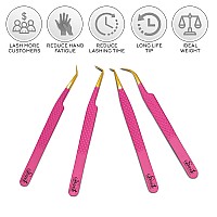 Sivote Fiber Tip Volume Lash Tweezers For Eyelash Extensions With Diamond Grip Set Of 4 Pink