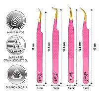 Sivote Fiber Tip Volume Lash Tweezers For Eyelash Extensions With Diamond Grip Set Of 4 Pink