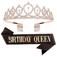 CIEHER Birthday Crowns for Women Black Birthday Sash & Rose Gold Crown Set Birthday Crown and Sash for Women Birthday Decorations Rose Gold Birthday Queen Crown Birthday Sashes and Tiaras Birthday Tiara Crystal Crown Birthday Gifts for Women