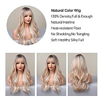 EMMOR Long Blonde Mixed White Wave Wig with Bangs Dark Roots Curly Wig for Women Synthetic Wig Natural Looking Heat Resistant Fiber Wigs