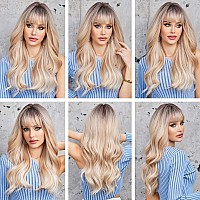 EMMOR Long Blonde Mixed White Wave Wig with Bangs Dark Roots Curly Wig for Women Synthetic Wig Natural Looking Heat Resistant Fiber Wigs