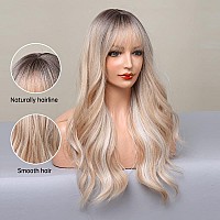 EMMOR Long Blonde Mixed White Wave Wig with Bangs Dark Roots Curly Wig for Women Synthetic Wig Natural Looking Heat Resistant Fiber Wigs