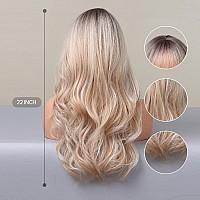 EMMOR Long Blonde Mixed White Wave Wig with Bangs Dark Roots Curly Wig for Women Synthetic Wig Natural Looking Heat Resistant Fiber Wigs