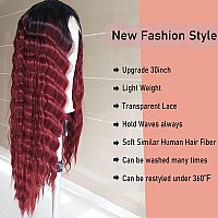 Instastyle Loose Deep Wave Wigs 30 Inch Synthetic Long Curly Wig For Women Simulated Scalp Lace Front Wig Ombre Black Burgundy C