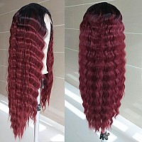 Instastyle Loose Deep Wave Wigs 30 Inch Synthetic Long Curly Wig For Women Simulated Scalp Lace Front Wig Ombre Black Burgundy C