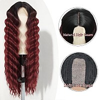 Instastyle Loose Deep Wave Wigs 30 Inch Synthetic Long Curly Wig For Women Simulated Scalp Lace Front Wig Ombre Black Burgundy C