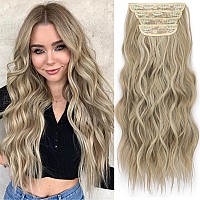 KooKaStyle Clip in Synthetic Hair Extensions Long Wavy 4PCS Thick Hairpieces Light Blonde Mix Golden Brown Blonde Fiber Double Weft Natural Hair Extensions 20 Inch for Women