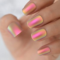 Coolnail Chrome Pink Gold Short Fake Nails Rainbow Squoval Square Gel False Press On Nails For Girl Full Cover Wear Finger Nail