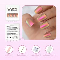 Coolnail Chrome Pink Gold Short Fake Nails Rainbow Squoval Square Gel False Press On Nails For Girl Full Cover Wear Finger Nail