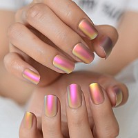 Coolnail Chrome Pink Gold Short Fake Nails Rainbow Squoval Square Gel False Press On Nails For Girl Full Cover Wear Finger Nail