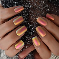 Coolnail Chrome Pink Gold Short Fake Nails Rainbow Squoval Square Gel False Press On Nails For Girl Full Cover Wear Finger Nail