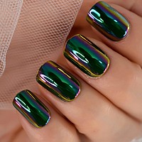 Coolnail Reuseable Green Square Short Nails Mirror Chrome False Nail Reflection Magic Mirror Effect Holo Fake Nails Tips