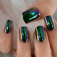 Coolnail Reuseable Green Square Short Nails Mirror Chrome False Nail Reflection Magic Mirror Effect Holo Fake Nails Tips