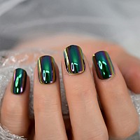 Coolnail Reuseable Green Square Short Nails Mirror Chrome False Nail Reflection Magic Mirror Effect Holo Fake Nails Tips