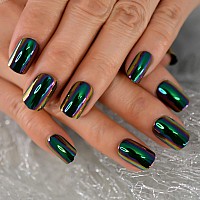 Coolnail Reuseable Green Square Short Nails Mirror Chrome False Nail Reflection Magic Mirror Effect Holo Fake Nails Tips