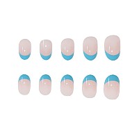 Mervf Oval Press On Nails Short Press On Fake Nails Blue French Tip Round Acrylic Nails Classic Glue On Nails Glossy 24Pcs False