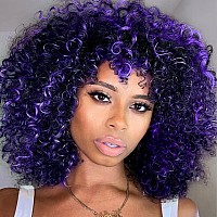 Curly Wigs for Black Women - Curly Afro Wig with Bangs Purple Mixed Blue Synthetic Hair Afro Curly Wigs with 1 Wig Comb and 4pcs Wig Caps