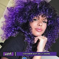 Curly Wigs for Black Women - Curly Afro Wig with Bangs Purple Mixed Blue Synthetic Hair Afro Curly Wigs with 1 Wig Comb and 4pcs Wig Caps