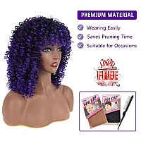 Curly Wigs for Black Women - Curly Afro Wig with Bangs Purple Mixed Blue Synthetic Hair Afro Curly Wigs with 1 Wig Comb and 4pcs Wig Caps