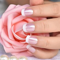 Elevenail Summer Nails Glossy Pearl Pink White French False Nails Short Squoval Press On Nails Fake Salon Manicure Faux Ongles R