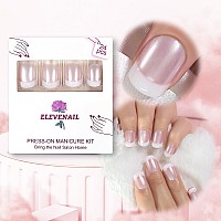 Elevenail Summer Nails Glossy Pearl Pink White French False Nails Short Squoval Press On Nails Fake Salon Manicure Faux Ongles R