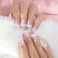 Elevenail Summer Nails Glossy Pearl Pink White French False Nails Short Squoval Press On Nails Fake Salon Manicure Faux Ongles R