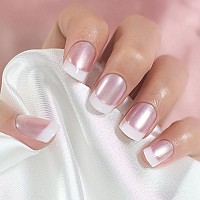 Elevenail Summer Nails Glossy Pearl Pink White French False Nails Short Squoval Press On Nails Fake Salon Manicure Faux Ongles R