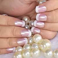 Elevenail Summer Nails Glossy Pearl Pink White French False Nails Short Squoval Press On Nails Fake Salon Manicure Faux Ongles R