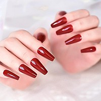 Elevenail Glossy Red Press On Nails Long Coffin False Nails Faux Ongles Reusable Solid Color Nail Art Tips Salon Diy Manicure Ac