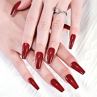 Elevenail Glossy Red Press On Nails Long Coffin False Nails Faux Ongles Reusable Solid Color Nail Art Tips Salon Diy Manicure Ac